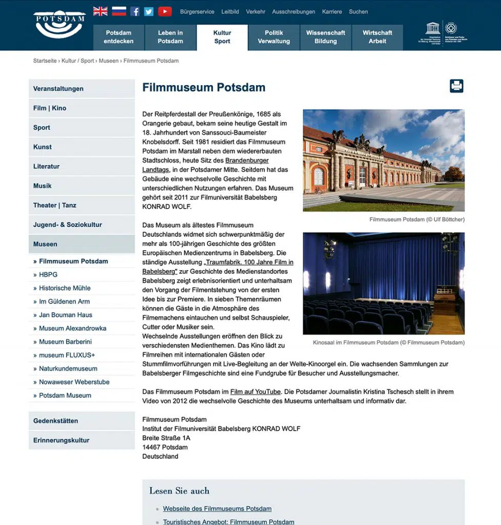 Detailseite Website Potsdam.de